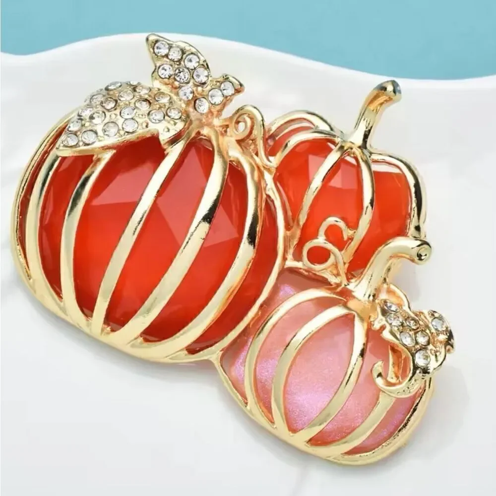 Fall Halloween Rhinestone Crystal Pumpkin Womens Casual Gold Enamel Brooch Pin